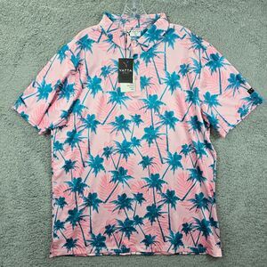 NWT YATTA GOLF Men's Polo Shirt TROPICAL PINK & TEAL BLUE PALM TREES Size L